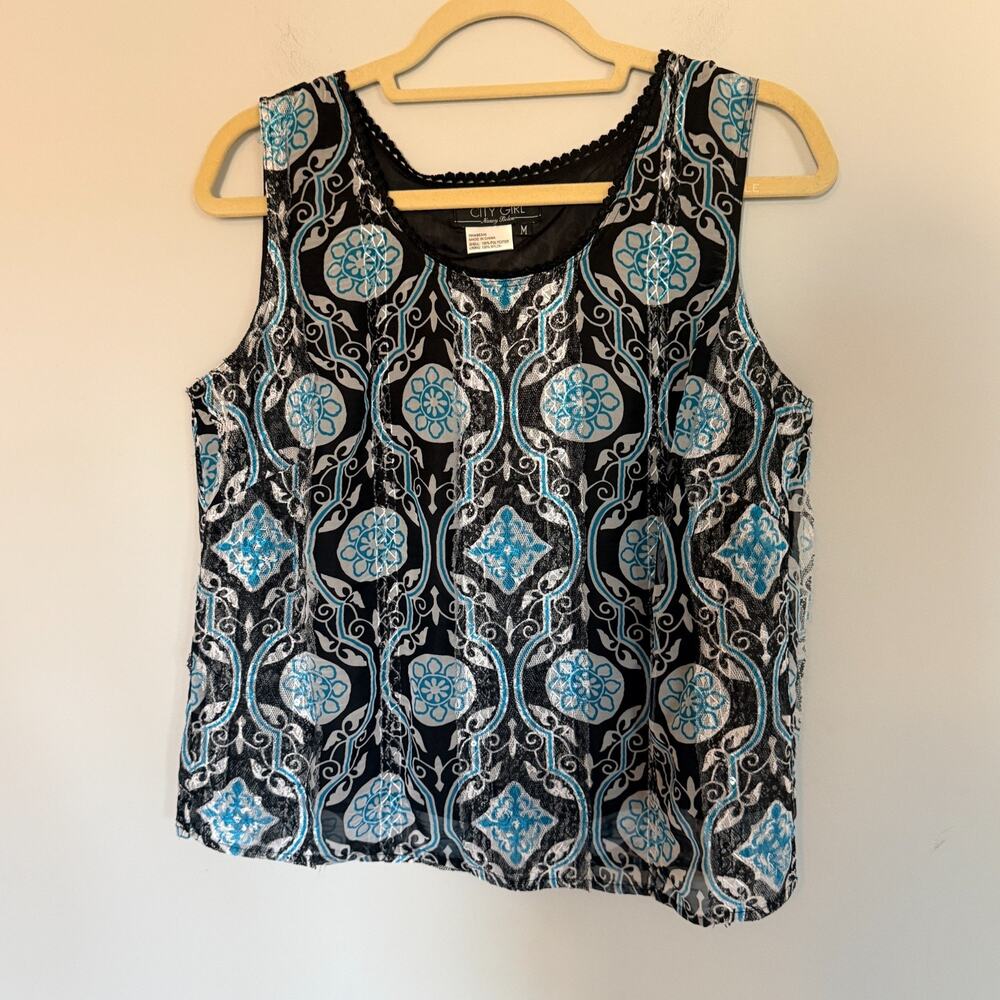 City Girl Nancy Bolen Vtg Sleeveless Blouse Size Medium Black Turquoise Lace